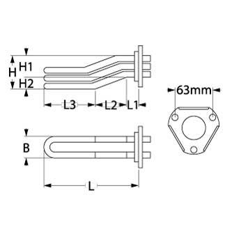 Varmelegeme 2800W 230V L 350mm 3-hulsflange Tilslutning Fladstik 6,3 mm Rør ø 8mm VK 3 LA 63mm