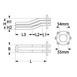 Varmelegeme 3000W 230V L 330mm L1 22mm L2 66mm L3 237mm H1 26mm H2 29mm 6-hulsflange