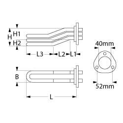 Varmelegeme 1100W 400V L 330mm L1 22mm L2 40mm L3 268mm H1 30mm 3-hulsflange Tilslutning Kabel