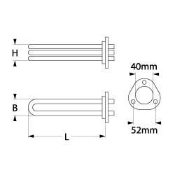 Varmelegeme 1000W 230V L 150mm 3-hulsflange Rør ø 8mm VK 2 LA 52mm H 26mm Indbygning ø 40mm