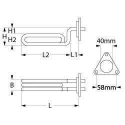 Varmelegeme 2500W 230V L 215mm L1 75mm L2 140mm H1 30mm 3-hulsflange Rør ø 85mm VK 1 LA 57mm