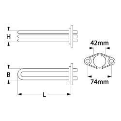 Varmelegeme 1450W 230V L 132mm 2-huls flange Tilslutning M6 Rør ø 63mm VK 1 LA 74mm H 40mm