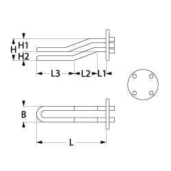 Varmelegeme 4000W 230V L 455mm L1 30mm L2 50mm L3 380mm H1 26mm H2 32mm 4-huls flange