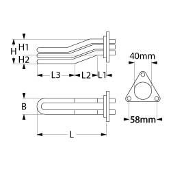 Varmelegeme 3500W 230V L 330mm L1 30mm L2 70mm L3 225mm H1 24mm H2 29mm 3-hulsflange