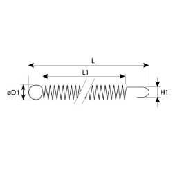 Trækfjeder ø 405mm Samlet længde 355mm Trådtykkelse ø 5mm L1 220mm H1 30mm D1 ø 405mm