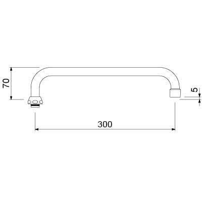 U-udløb Rør ø 18mm H 70mm Udhæng 300mm Udløbshøjde 5mm