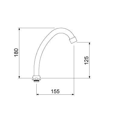 HU-udløb Rør ø 18mm Udhæng 155mm Udløbshøjde 125mm