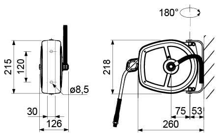 Slangeopruller lukket til vægmontering Slangelængde 3m Slange ø 10x15mm