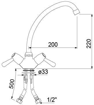 Et-huls blandingsbatteri GEV CLASSIC Armatur Keramikoverdel Udløbslængde 200mm AL 500mm 1/2