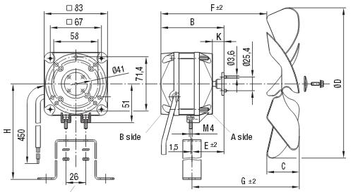 fan motor 7W 230V 50Hz L1 43mm L3 81mm W 83mmcable length 450mm