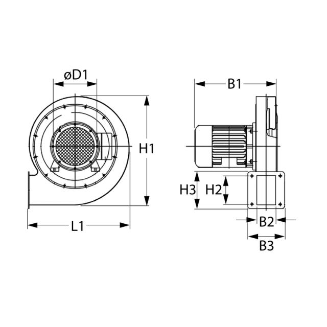 Radialventilator 135W 230V L1 182mm B1 145mm B2 28mm B3 83mm H1 193mm H2 50mm H3 80mm D1 ø 90mm