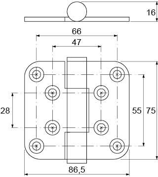 Hængsel H 16mm L 865mm B 75mm Materialestyrke 3mm Hul ø 5mm BA 66/55mm BA1 47/28mm