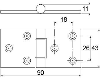 Hængsel Zamak VC H 11mm L 90mm B 43mm Materialestyrke 35mm Hul ø 5,5/8mm BA 26mm