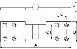 Hængsel Zamak VC H 16mm L 191mm B 56mm Materialestyrke 6mm Hul ø 5mm BA 26mm BA1 37mm