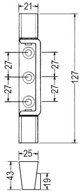 Kanthængsel L1 43mm L2 25mm L 127mm BA 27/27mm uden stigning Anslag venstre/højre Serie R42