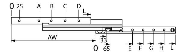 telescopic slide pair Qty 1 pair L 500 mmpull-out length 500 mm L1 198 mm L2 323 mm