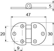 Hængsel H 5mm L 47mm B 30mm Materialestyrke 2mm Hul ø 45mm BA 20mm BA1 9mm