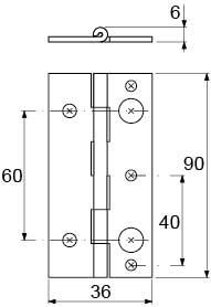 Hængsel Rustfrit stål H 6mm L 90mm B 36mm Materialestyrke 12mm Hul ø 3/5mm BA 60mm BA1 40mm