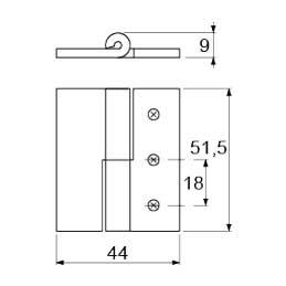 Hængsel CNS H 9mm L 515mm B 44mm Materialestyrke 2mm Hul ø 4mm BA 18mm BA1 18mm