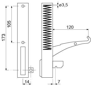 Bageovnshængsel L 206mm B 25mm Laskeposition venstre BA 173mm Fjederlængde 112mm