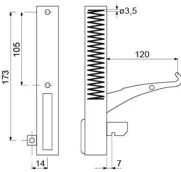 Bageovnshængsel B 25mm Laskeposition højre BA 173mm Fjederlængde 112mm Rilleafstand 7mm