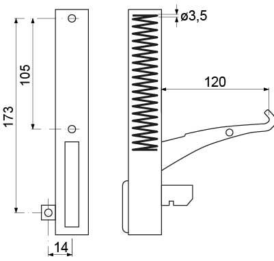 Bageovnshængsel B 25mm Laskeposition højre BA 173mm Fjederlængde 112mm Laskefastgørelse 14mm