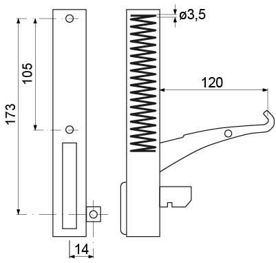 Bageovnshængsel B 25mm Laskeposition venstre BA 173mm Fjederlængde 112mm Laskefastgørelse 14mm