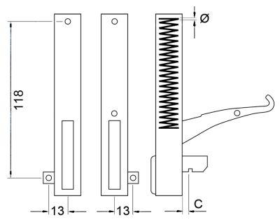 Bageovnshængsel L 154mm Laskeposition venstre BA 118mm Fjederlængde 60mm Rilleafstand 13mm