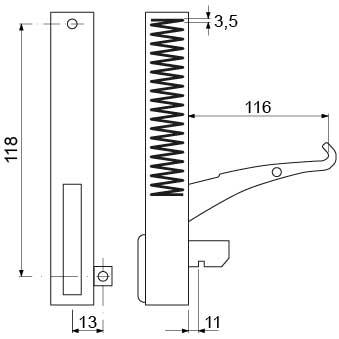 Bageovnshængsel L 153mm B 20mm Laskeposition venstre BA 118mm Fjederlængde 61mm