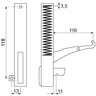 Bageovnshængsel L 153mm B 20mm Laskeposition højre BA 118mm Fjederlængde 61mm Rilleafstand 11mm